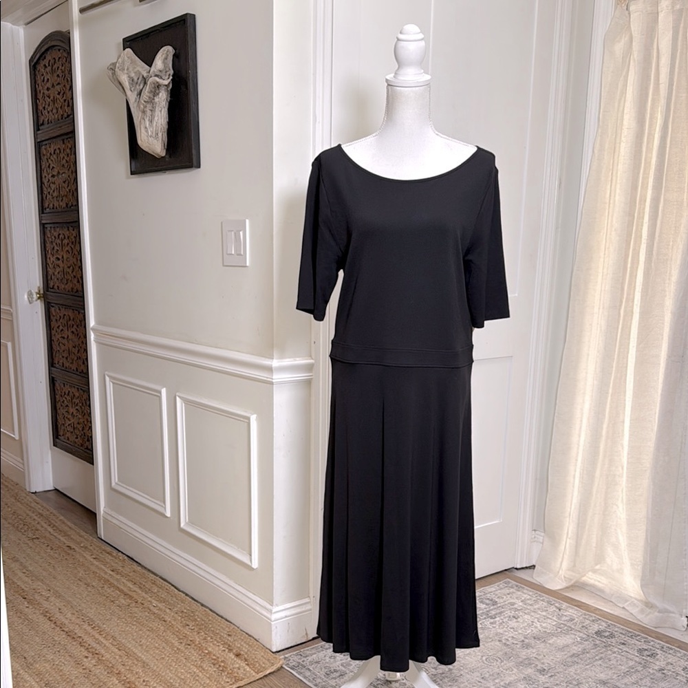 Ann Taylor Black Midi Dress XL Stretchβ Rayon Blend A-Line Drop Waist 3/4 Sleeve